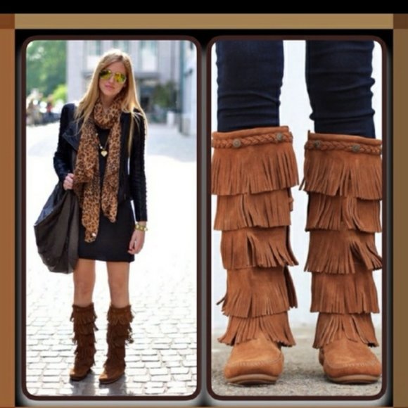 Anthropologie Minnetonka Moccasins 5 Layer Fringe Boot - Picture 6 of 15